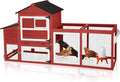 GUTINNEEN Mobile Chicken Coop with Wheels for 2-4 Chickens, Expandable Wooden Hen House with Divided Nesting Box, Reinforced Coop Balcony, Roosting Perch, Metal Pull-Out Tray, 82.4" L (Red)