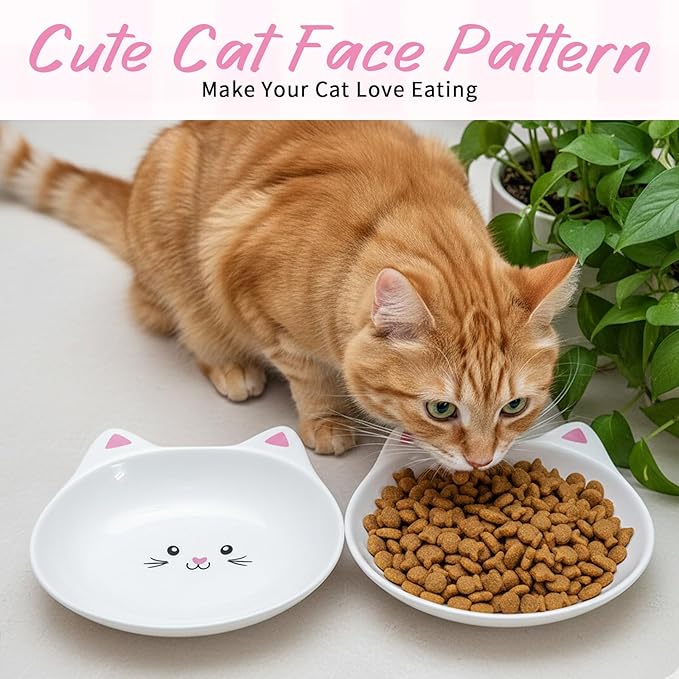 4 Pack Ceramic Cat Food Bowls, 5.9 Inch Whisker Fatigue Cat Bowl Wide Cats Food Bowls Set with Cute Pattern, Whisker Friendly, Microwave and Dishwasher Safe Indoor Feeding Dishes for Small Pets