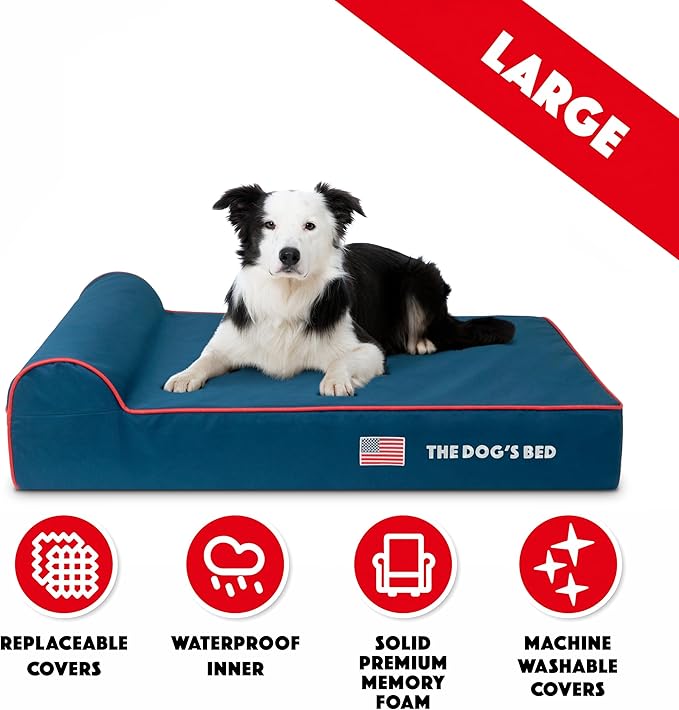 The Dog’s Bed Orthopedic Memory Foam Dog Bed with Headrest, Calming Surface – CertiPUR-Certified Foam, Oxford Fabric, Blue with Red Trim USA Flag, Large, 6-Inch