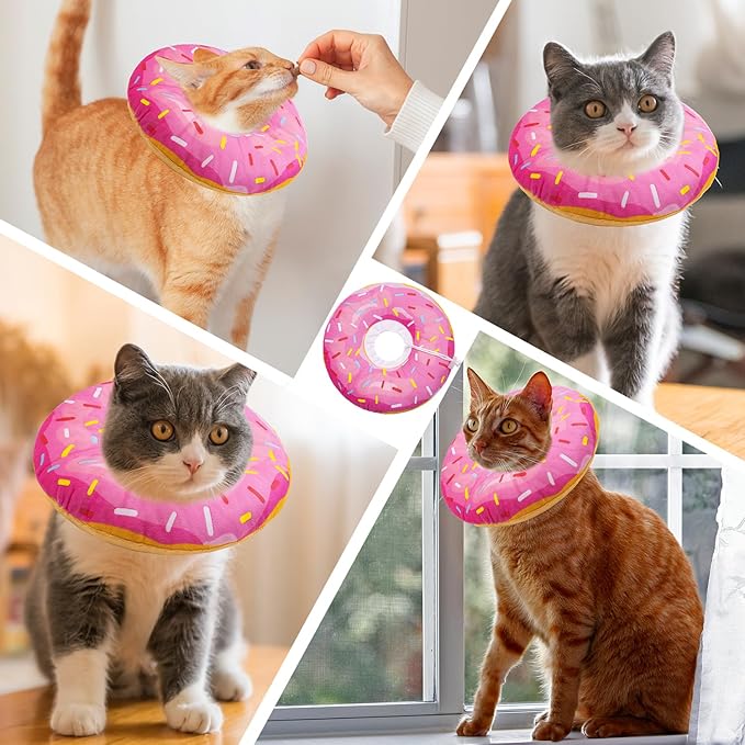 Seyezo Cat Cone Collar Soft, Adjustable Cat Recovery Collars Kitten Cones to Stop Licking, Cute Donut E Collar After Surgery, Elizabethan Healing Protective Cones After Spay (Donut Pink, Large)