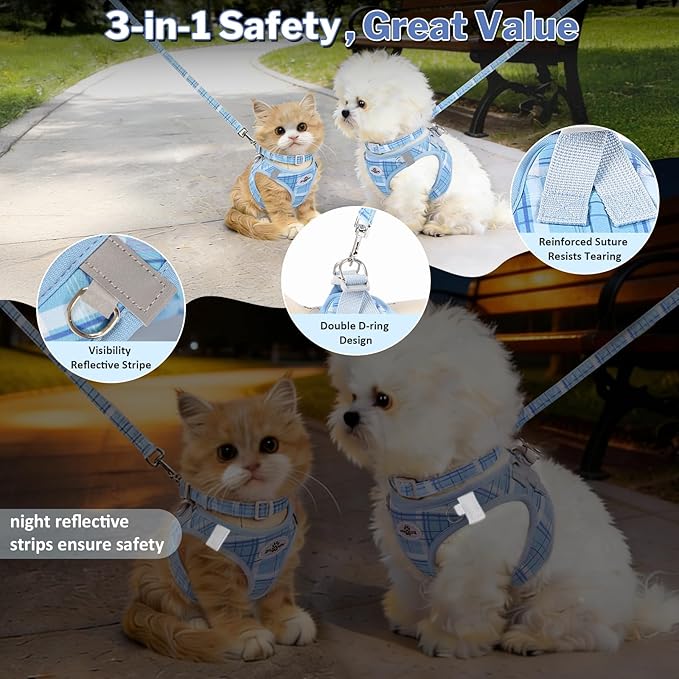 Gyuzh Dog Harness and Leash Set for Puppies - 3 Pieces Step in No Pull Vest & Collar, Extra Small Kitten Harness, Breathable Reflective Plaid, Padded Leash (Blue, S)