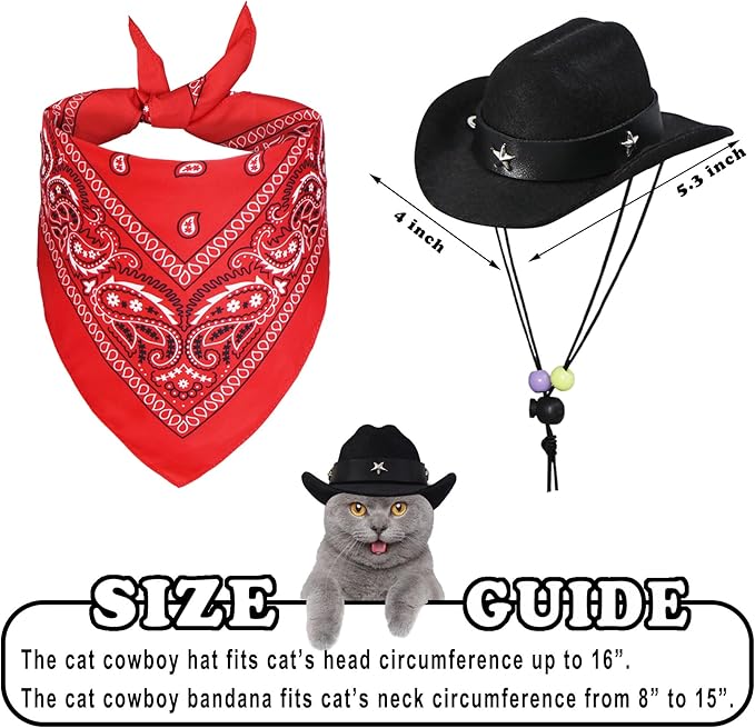 GOYOSWA Cat Cowboy Costume, Cat Halloween Costumes Funny Pet Cowboy Hat and Bandana Set for Cats Kittens Pets (Black)