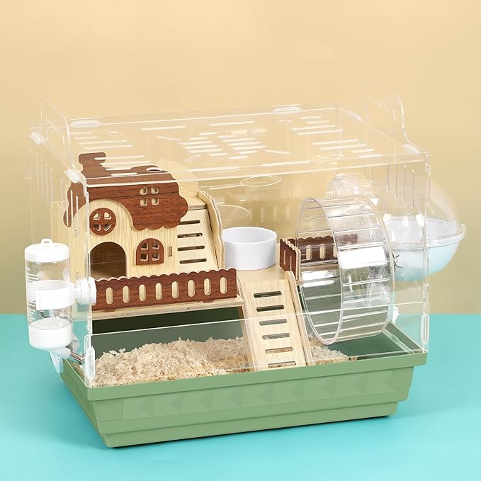 Acrylic Hamster Cage 2-Tier Dwarf Hamster Cage Small Hamster Habitats with Accessories Kit, Clear Hamster Enclosure for Gerbils Syrian Hamster, Green Pet Mice House, 13.3" L x 10.2" W x 12.4" H