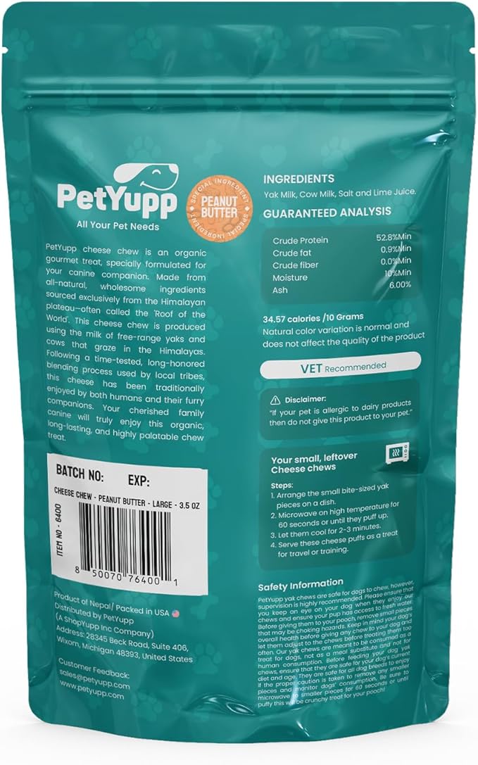1 Large Peanut Butter Yak Cheese Himalayan Dog Chews - Rich Protein & Low Fat Peanut Butter Yak Chews for Dogs - Gluten-Free & Lactose-Free Treats for Small, Medium & Large Dogs