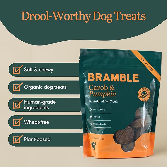 BRAMBLE Organic Dog Treats. Everyday Carob & Pumpkin Human Grade, Made with Real Ingredients, Soft & Chewy Dog Cookies. Wheat-Free Plant-Based. 8 oz