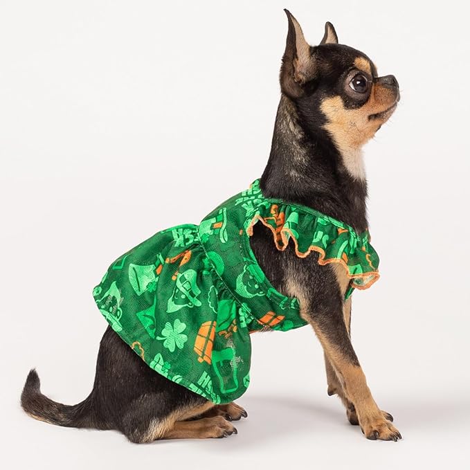 Fitwarm St Patricks Day Ruffle Dog Dress, Lucky Dog Clothes for Small Dogs Girl, Funny Pet Outfit, Green, Orange, XXS
