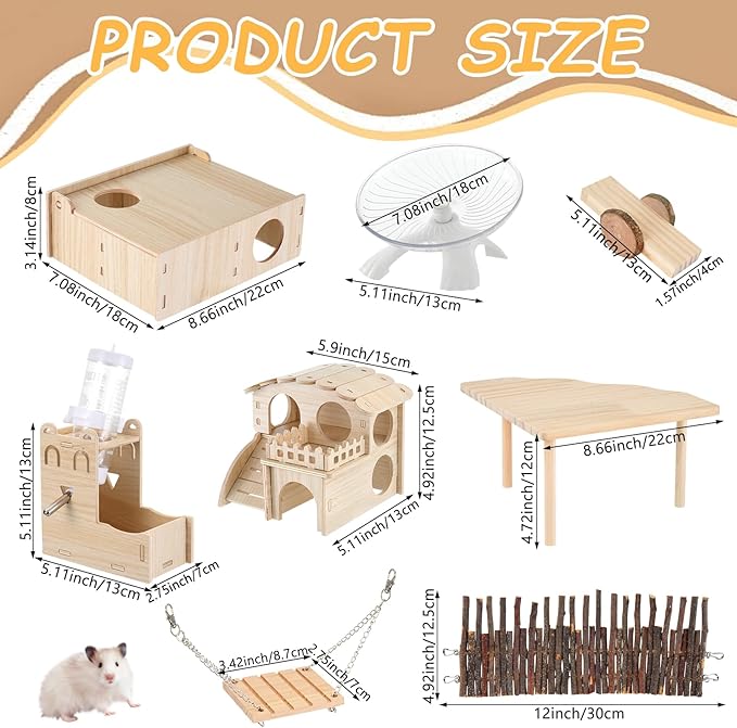 Hamster Toys Complete Set - Noiseless Silent Exercise Wheel, Maze Wood House, Stand, Chew Toys & Water Bottle Cage Accessories for Hamster, Rat, Mice Small Animal Habitat