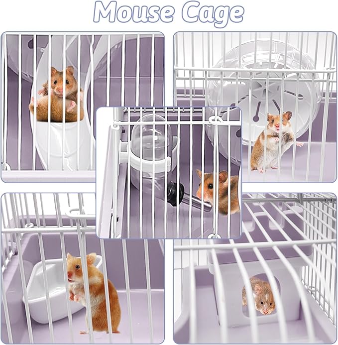 PINVNBY 2-Tier Dwarf Hamster Cage, Hamsters Travel Cage Portable Mouse Cages with Running Exercise Wheels, Water Bottle and Food Dish for Hamster Mouse Rat 11.7 * 8.7 * 9.38 in (Gray)