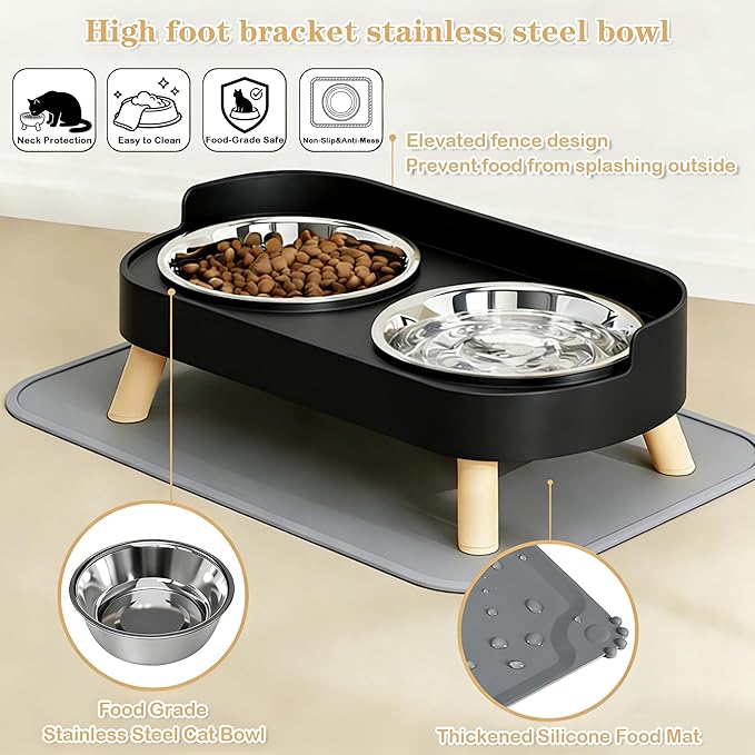 Elevated Cat Bowls with Food Mat, Splash Proof Anti Vomiting Raised Cat Food and Water Bowl Set, 2 Stainless Steel Dishes for Cats and Puppy, Pet Bowl for Indoor Cats Black