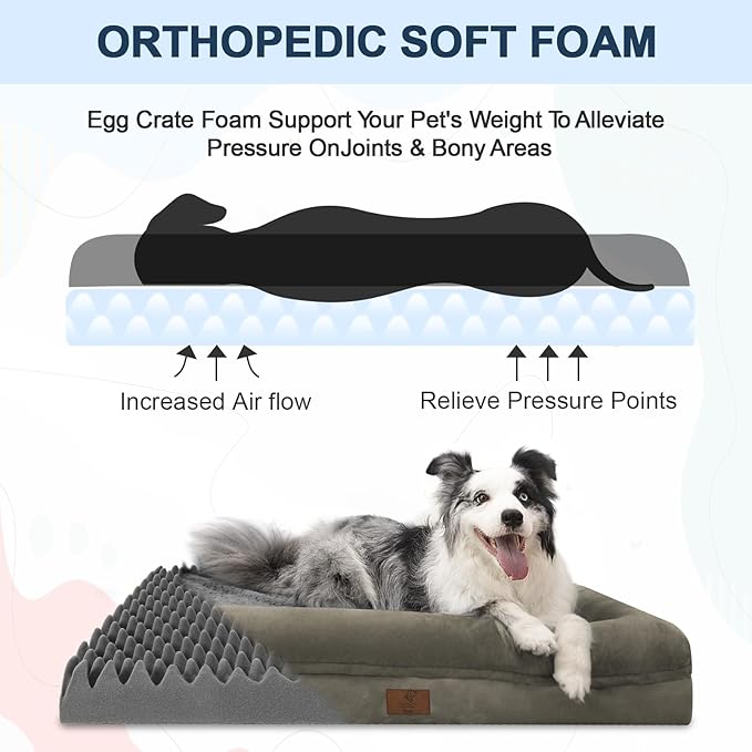 Jumbo Dog Bed for Extra Large Dogs, Washable Orthopedic Dog Bed with 4-Sides Removable Bolster, Waterproof Non-Slip Egg-Crate Foam Pet Couch Sofa, Dark Green