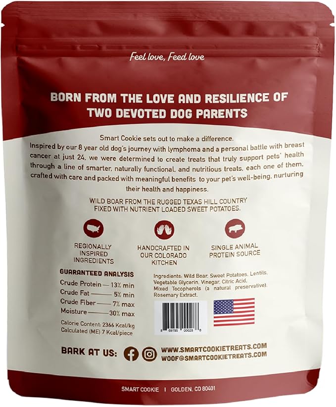 Smart Cookie All Natural Dog Treats - Wild Boar & Sweet Potato - Training Treats for Dogs with Allergies, Sensitive Stomachs - Soft Dog Treats, Chewy, Grain Free, Made in USA - 5oz Bag, Pack of 3