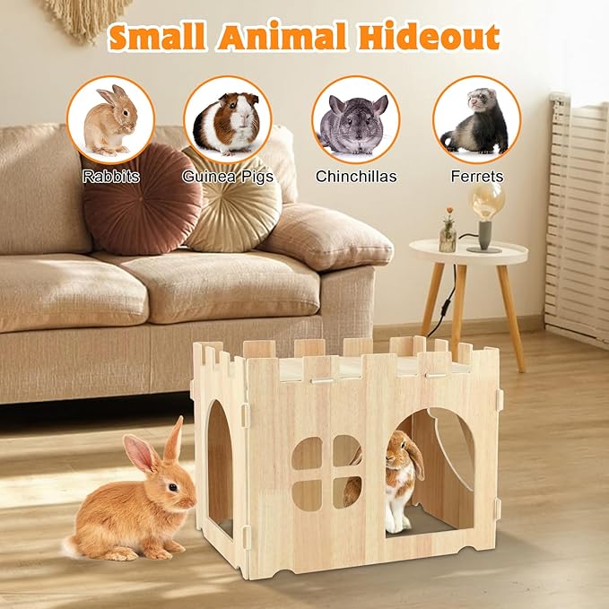 YUEPET Wooden Rabbit Castle, Rabbit Hideout and House Detachable Bunny Habitat Indoor Small Animal Hideout for Adult Bunny Guinea Pig Chinchilla