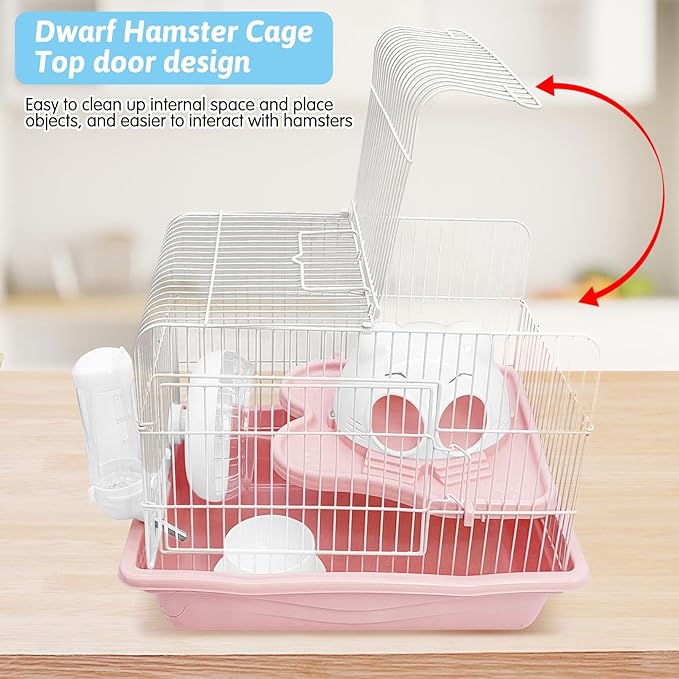 PINVNBY Dwarf Hamster Cage, Small Animal Cages, 2-Tier Travel Portable Mouse Cage Hamster Carrier with Castle House Running Exercise Wheels, Water Bottle and Food Dish（Pink）