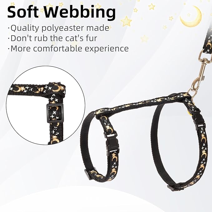 PUPTECK Adjustable Cat Harness and Leash Set Escape Proof Kitten Strap Collar for Walking Travel, Moon&Star