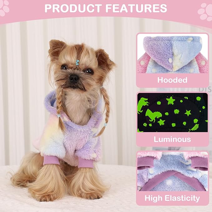 Dog Sweater for Small Dogs Girl Boy, Fleece Dog Hoodie Clothes, Night Glow Puppy Sweater, Soft Warm Extra Small Doggie Sweatshirt, Fall Winter Doggy Clothes Pet Outfits for Chihuahua Yorkie, Pink,XXS