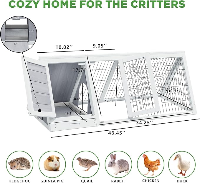 Wooden A-Frame Rabbit Hutch Bunny Cages with Ventilating Wire & 2 Doors Indoor Outdoor Portable Playpen Run House for Chicken Duck Quail Poultry & Small Animals (Grey)