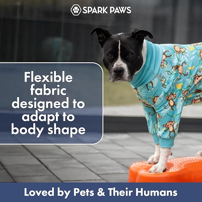 Spark Paws Dog Pajama, Dog Recovery Suit Male, Onesie, Ultra-Soft and 4-Way Stretch, for Small Medium and Large Breeds - Monkey Business - L