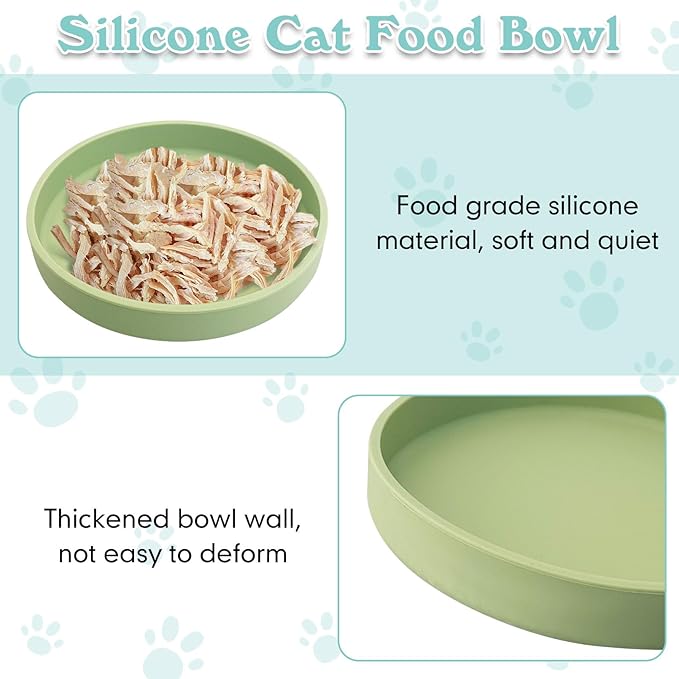 Silicone Dog Bowl Shallow Cat Food Bowls 7" Wide Puppy Plates Whisker Fatigue Pet Feeding Dishes for Dry Food and Wet Food Indoor (Round Bean Green)