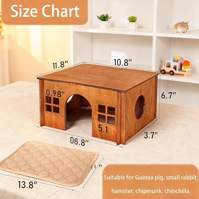 Wooden Guinea Pig Hideout, Small Animal Houses Habitats, Large Hideout House for Small Rabbit Chinchilla Gerbil, Sturdy Hamster Hideout Bed Hutch Bunny Cage