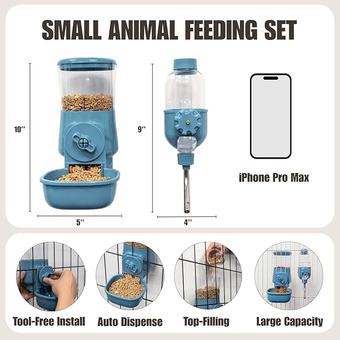 Automatic Pet Food Water Dispenser, Auto Gravity Pet Feeder Water Bottle Set for Crate Cage for Puppy Cat Rabbit Guinea Pigs Chinchilla Ferret Hedgehog (Blue)