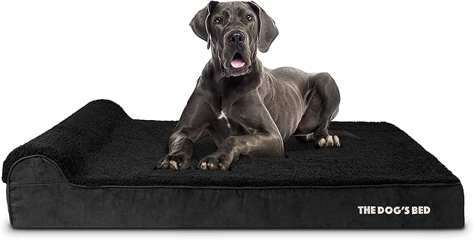The Dog’s Bed Orthopedic Memory Foam Dog Bed with Headrest, Calming Surface – CertiPUR-Certified Foam, Plush Fabric, Black Plush, XXL, 6-Inch
