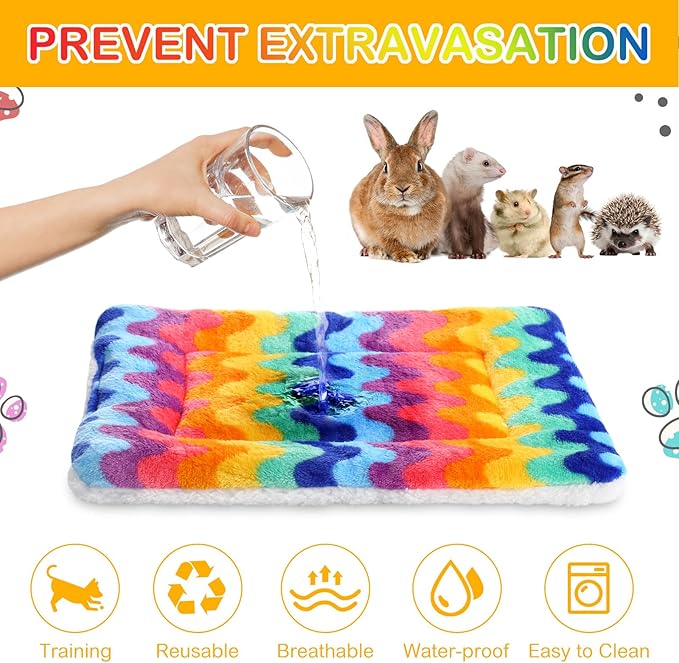 Haull 4 Pcs Waterproof Guinea Pig Bedding Guinea Pig Bed Plush Cage Liners Soft Rabbit Dog Crate Pad Cat Mat Reversible Cozy Animal Pee Pad Hamster Bunny Mat Accessory(Rainbow,13 x 10 Inch)