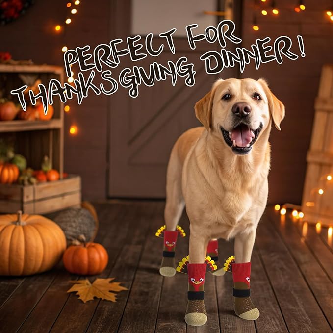 EXPAWLORER Thanksgiving Anti Slip Dog Socks to Prevent Licking Paws,Boots & Paw Protectors with Grippers,Doggie Booties for Hardwood Floors for Small Medium Large Senior Dogs Lifelike Costume Turkey L