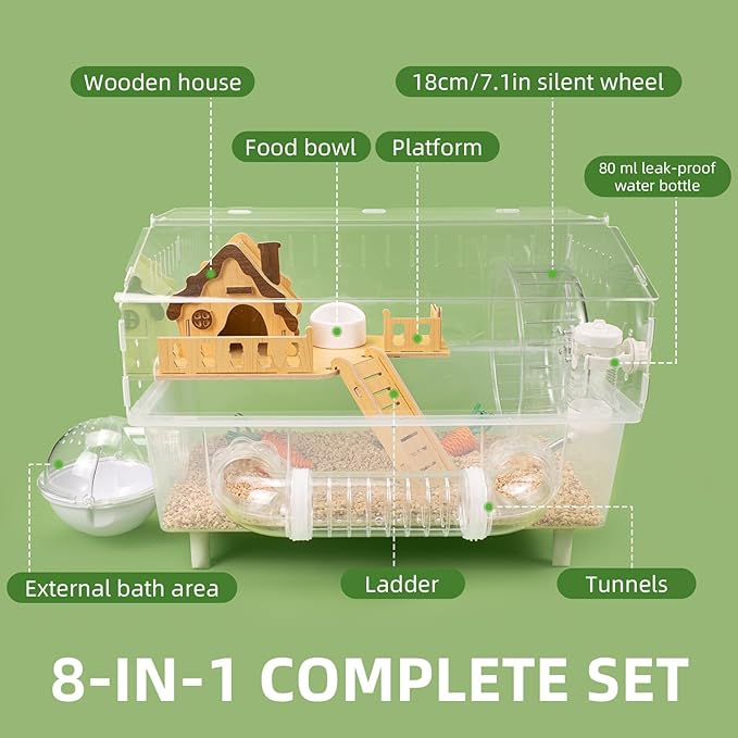 Clear Acrylic Hamster Cage, Dwarf Hamster Cage, Mouse Cage, Gerbil Cage - All-in-One Hamster Habitat with 18cm Silent Wheel, Tubes & Full Kit, 17.7×11.8×13.8" for Dwarf Hamsters, Mice, Gerbils