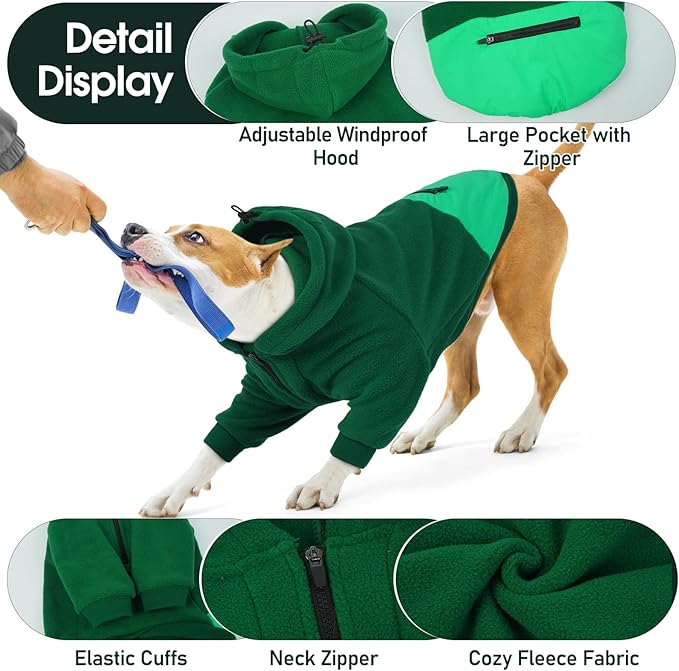 Nanaki Dog Hoodies for Large Dogs with Pocket, Long Sleeves Fleece Pullover, Adjustable Half-Zip Collar Large Sweatshirt Hooded, Soft Cozy Hoodie Fleece Lining, Dobermann Clothes for Winter Green 3XL