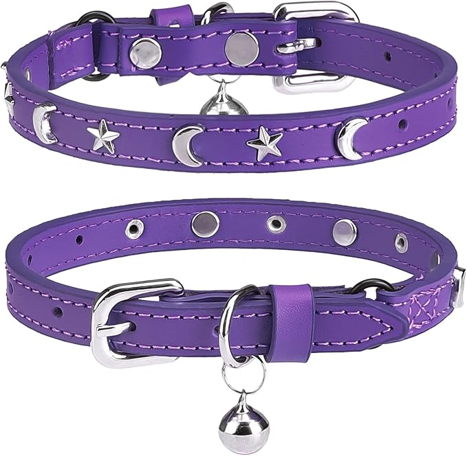 Leather Cat Collars for Boy Girl Cats with Bell and Safety Elastic Belt, Personalized Star and Moon Stud Adjustable Safe Buckle Collar for Kitty Small Big Cats Size 7-9 Inch, Purple