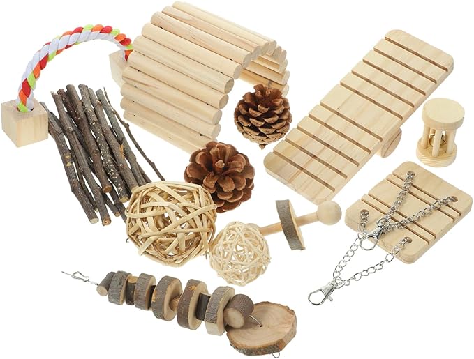 Yardwe Bunny Chew Toys for Rabbits Guinea Pig Play Toys Wooden Pet Chew Carrot Grass Ball Set
