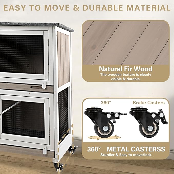 Ketive 36" L Rabbit Hutch Indoor with 4 Metal Wheels, 2-Story Wooden Bunny Hutch Outdoor Bunny Cage, 2 Deeper Pull-Out Trays, Ramp, Rabbit Cage Guinea Pig Pet House for Small Animals