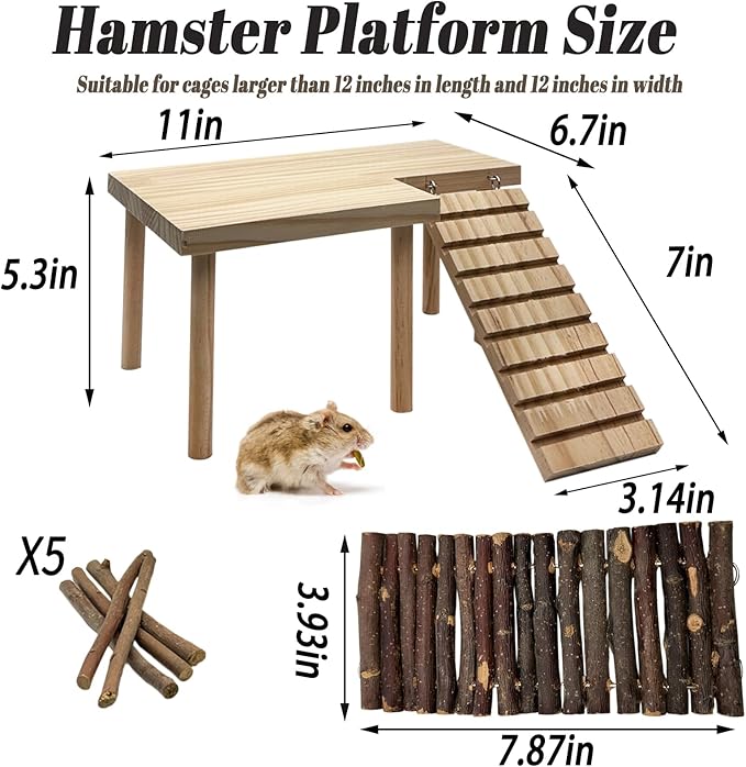 Wooden Hamster Platform with Legs, Small Syrian Hamsters Climbing Platforms with Ramp Kit Wood Ladder Bridge Rat Playing Toy Standing Table Gerbil Cage Accessories