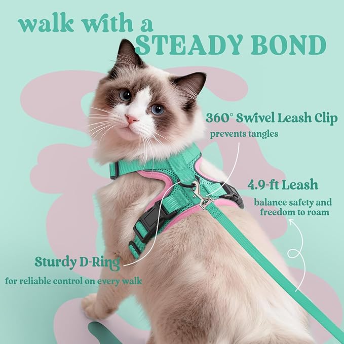 rabbitgoo Cat Harness and Leash for Walking, Escape Proof Soft Adjustable Vest Harnesses for Cats, Easy Control Breathable Reflective Strips Jacket, Green&Pink, S