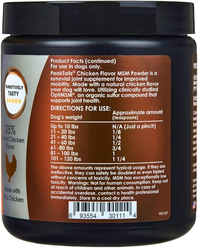 KALA HEALTH PeakTails Chicken Flavored MSM Powder for Dogs, 1 lb, Hip and Joint Support Supplement, Pure and Distilled US-Sourced MSM