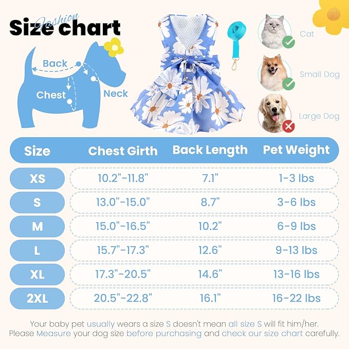 ABRRLO Cute Dog Dress Small Dog Clothes for Girls Female Puppy Outfits Blue Daisy Pet Summer Clothes Bowknot Doggy Cat Princess Dress Harness Set for Holiday Birthday Party Costume Clothing(Blue,XS)