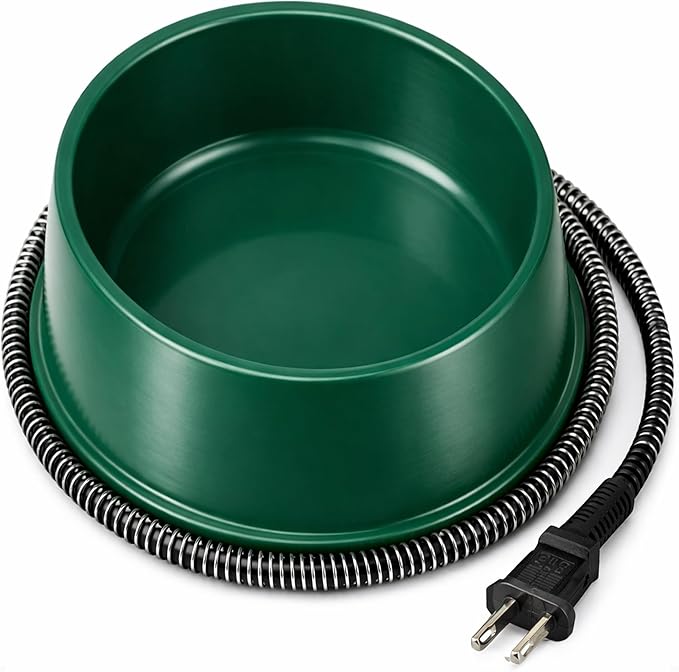 Farm Innovators 1 Quart 25 Watt Powered Heated Electric Water Bowl with Thermostatic Control and Anti Chew Cord Protector for Pets, Green
