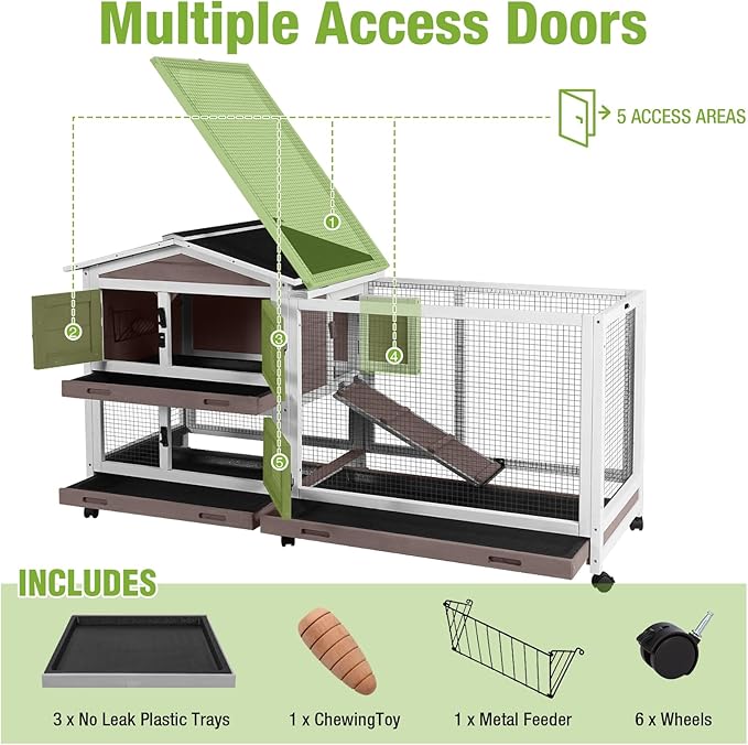 Rabbit Hutch Indoor Outdoor, 62" Wooden Rabbit Cage with 6 Lockable Wheels, Bunny Cage with Pull Out Trays, Waterproof Asphalt Roof, Small Animal House for Rabbits, Guinea Pigs, Chinchillas