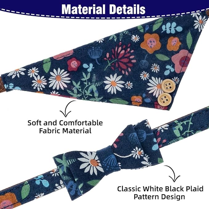 EXPAWLORER Dog Collar and Leash Set - Classic Plaid Dog Bow Tie and Dog Bandana Collar with Bell, Dog Leash Tangle Free, Adjustable Collars for Small Medium Large Dogs Cats, Holiday Ideal Gift