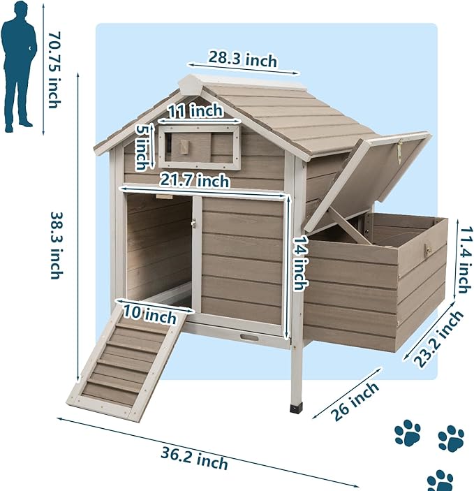 Ketive Chicken Coop Chicken House Outdoor with Removable Trays, Wooden Rabbit Hutch Poultry Cage with Nesting Box, Indoor Hen House Chicken Cage with Ramp for Garden Backyard (36.2"L x 26"W x 38.3"H)