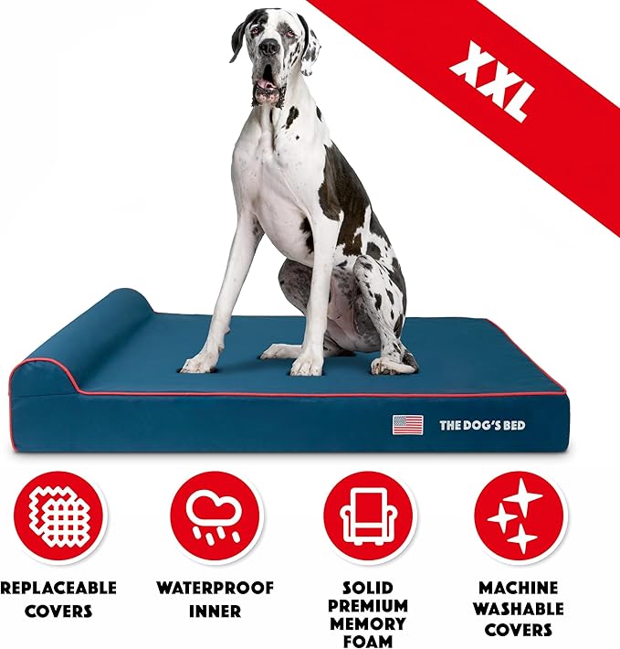 The Dog’s Bed Orthopedic Memory Foam Dog Bed with Headrest, Calming Surface – CertiPUR-Certified Foam, Oxford Fabric, Blue with Red Trim USA Flag, XXL, 6-Inch