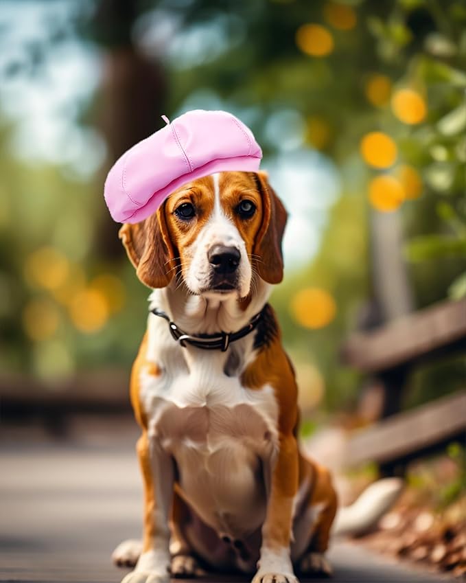 PET SHOW Dog Beret Hat for Small Medium Dogs Cats Party Holiday Headband Cap French Leather Berets with Adjustable Chin Strap Cute Fashion Puppy Hats Pets Costumes Accessories(Pink,M)