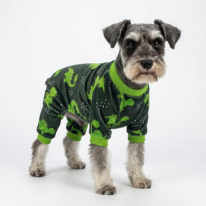 Fitwarm Dinosaur Dog Fleece Pajamas, Warm Clothes for Small Dogs Boy, Cozy Pet Onesie with Feet, Dark Green, Bright Green, XS