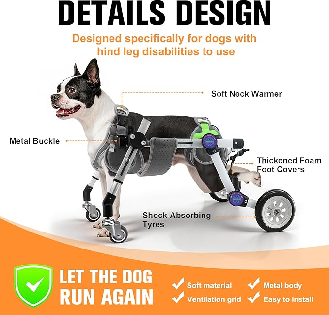 Dog Wheelchair 4 Wheels Adjustable, Full Body Support Dog Cart for Front & Rear Legs, Lightweight Mobility Aid for Disabled Small Dogs