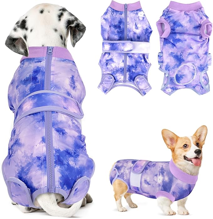 SlowTon Dog Surgery Recovery Suit - Zipper On Dog Onesies After Surgery for Female Male Dog, Abdominal Wounds Bandages Cone/E-Collar Alternative Dog Surgical Body Suit (Purple, XS)