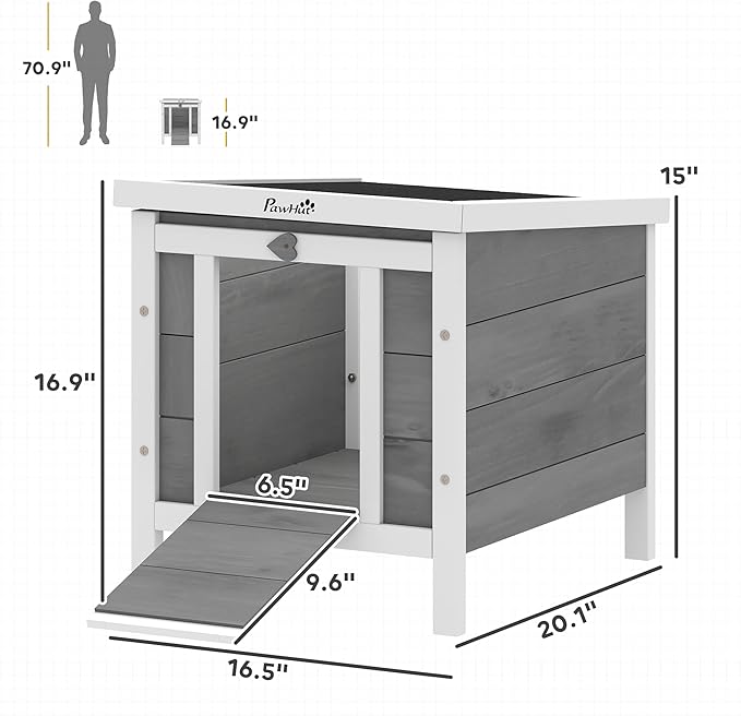 PawHut Small Wooden Rabbit Hutch Bunny Cage Guinea Pig Cage Duck House Dog House with Openable & Waterproof Roof, for Rabbits, Chickens, Ducks, Gray