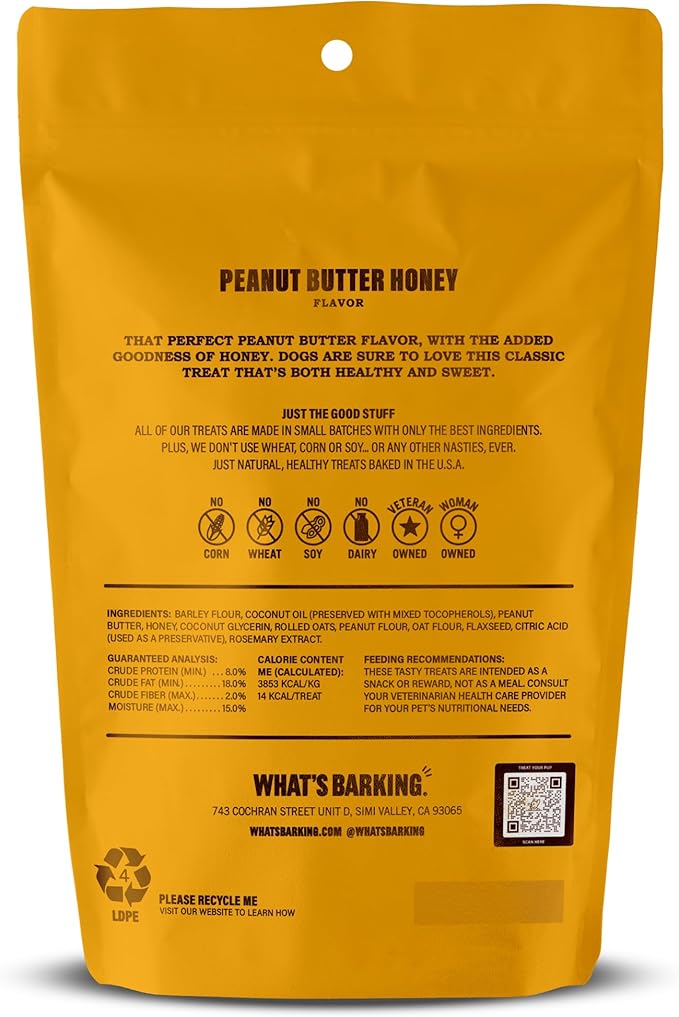 What's Barking Soft Bites, Soft Chewy Dog Treats for Training or Snacking, Pet Essentials, Bite Size Pieces for Dogs, Natural Ingredients, Made in USA, Resealable Bag (Pack of 1, Peanut Butter Honey)