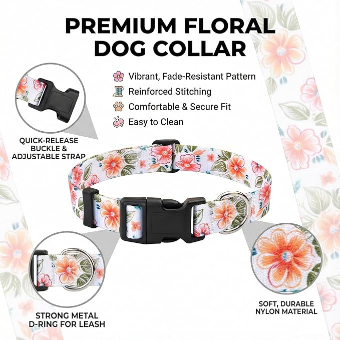 Floral Dog Collar, Adjustable Soft Nylon Pet Collar for Small Medium Large Dogs, Cute Flower Pattern Dog Collar for Girl Boy Dogs(Meadow Leaf,L)