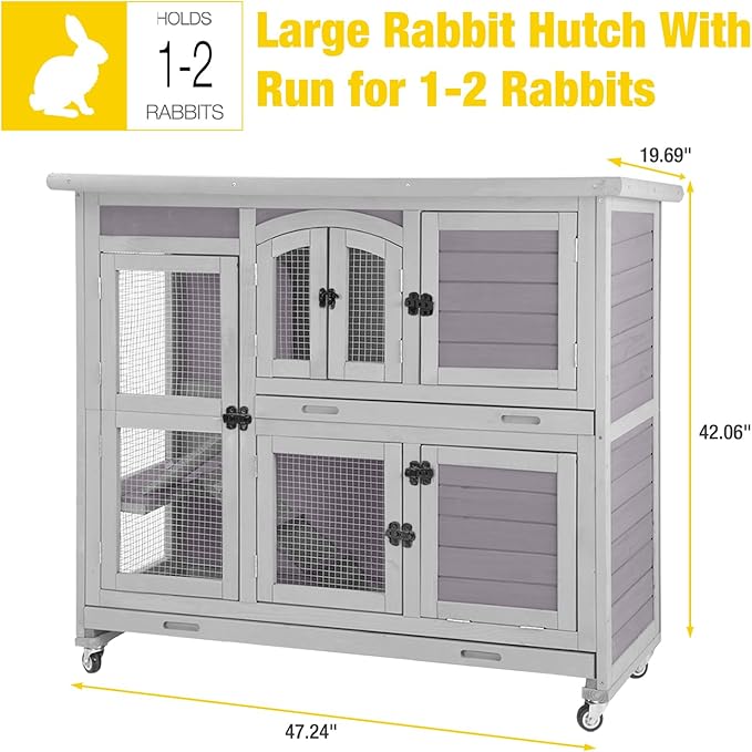 AIVITUVIN Rabbit Hutch Indoor Rabbit Cage Outdoor Two Story Bunny Cage Bunny Hutch Pull Out Tray Guinea Pig Cage on Wheel
