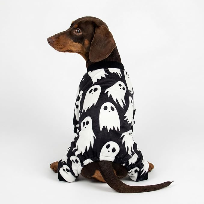 Fitwarm Halloween Ghost Dog Pajamas, Funny Halloween Costumes for Dogs, Fleece Dog Onesie with Feet, Doggy Clothes for Small Dogs Boy Girl, Pet Apparel, Black, White, XL